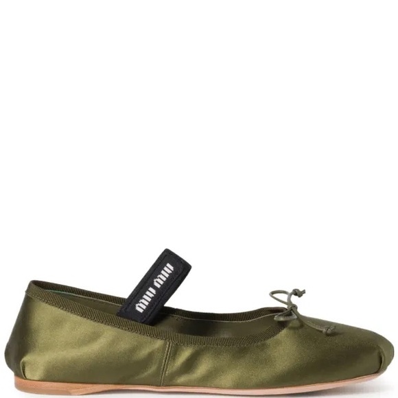 Miu Miu Satin Ballerina Flats in Olive Green - Picture 1 of 3